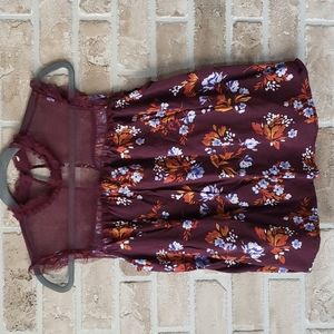 Burgundy Sleeveless Top, Mesh Neck, Floral Top